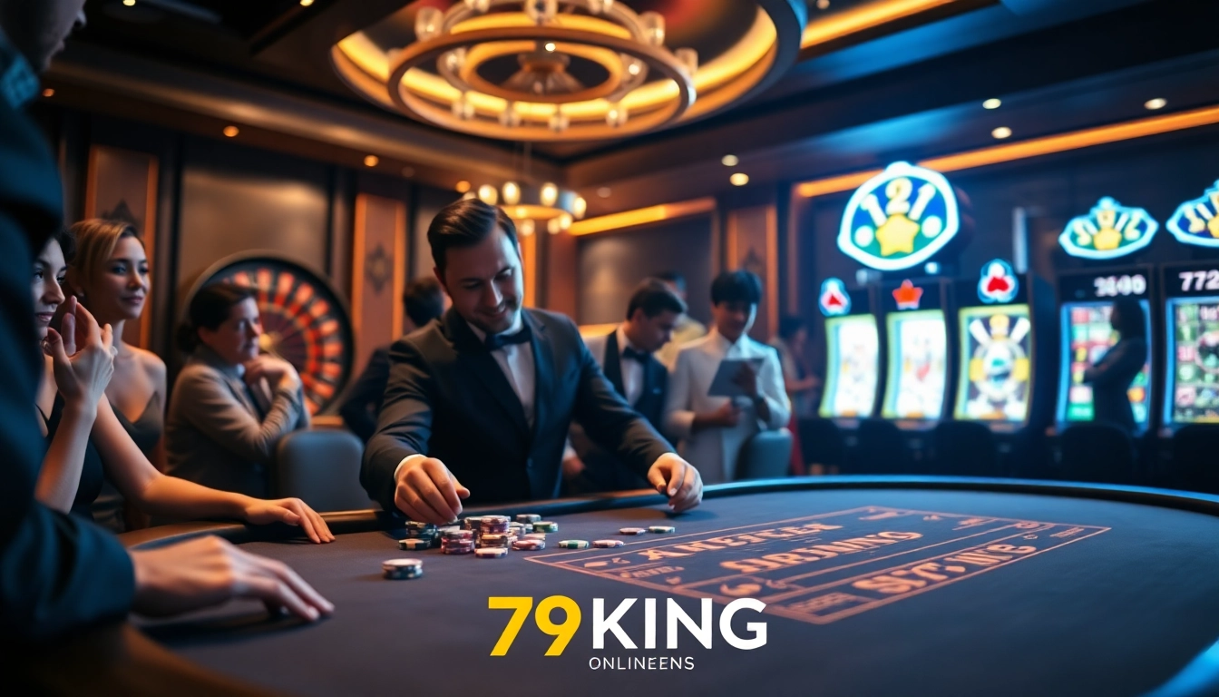 Excited players enjoying poker at the 79KING casino table with vibrant chips and elegant ambiance.