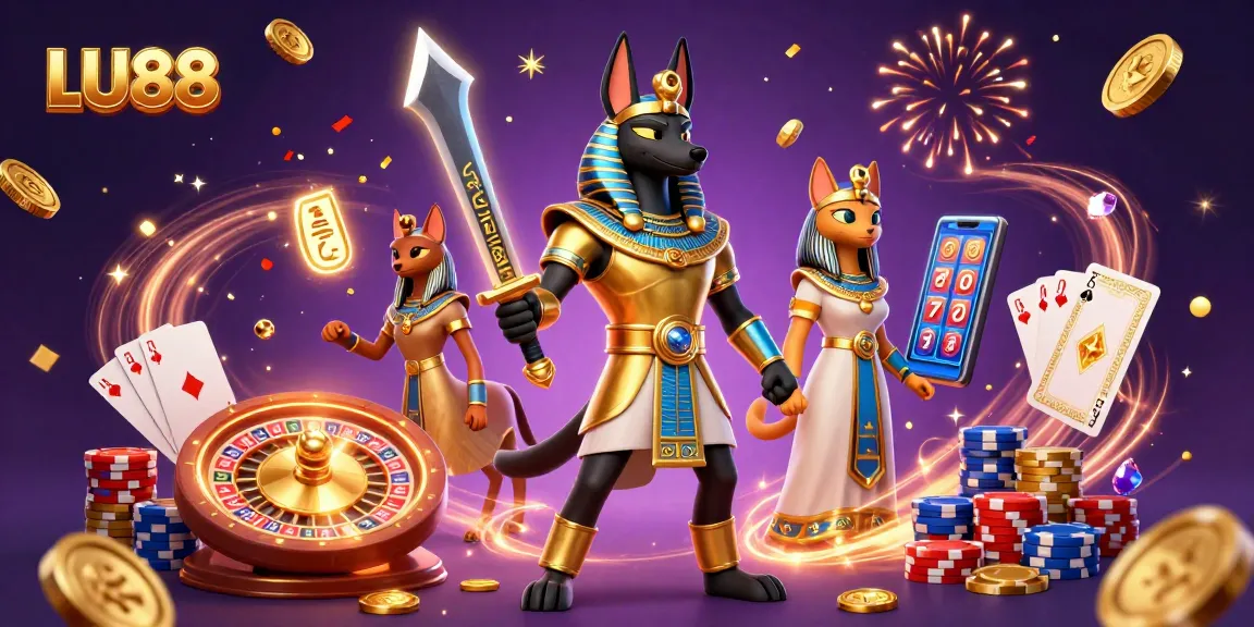 Experience the thrill of winning big at LU88 with Anubis and Bastet amid gold coins and roulette.