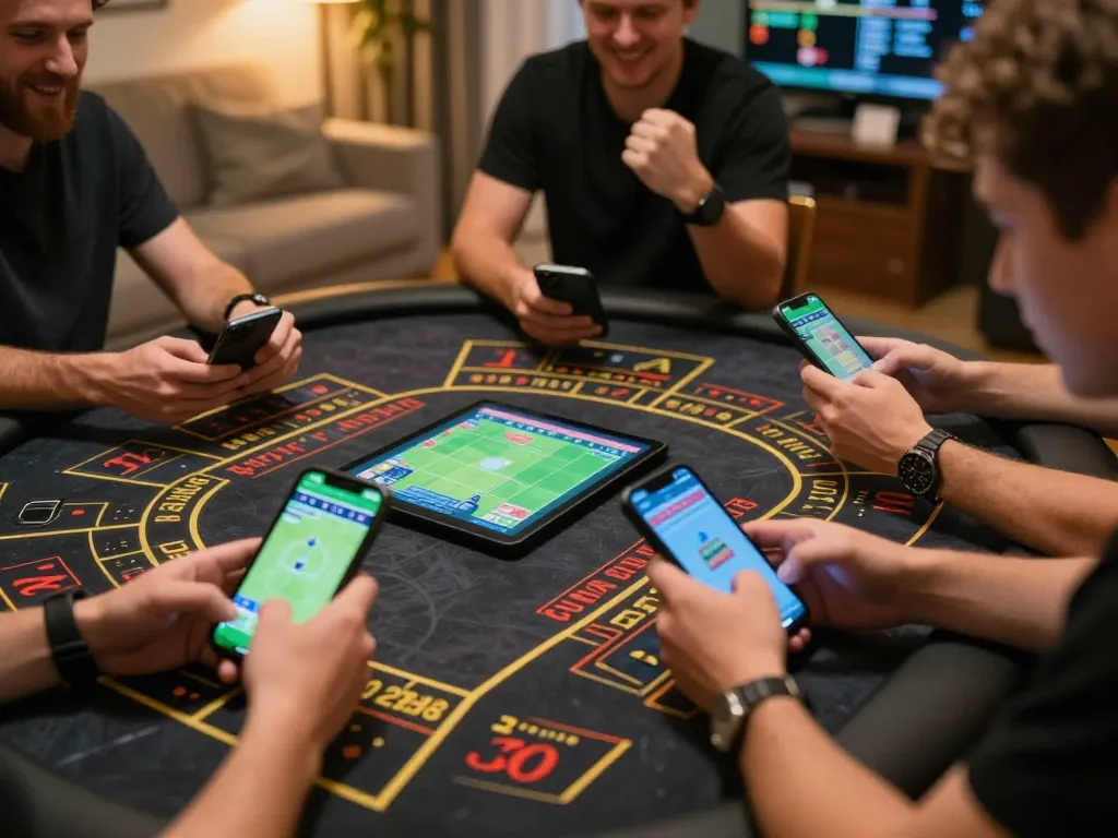 Players using Tic88 app for live sports betting in a cozy home setting.