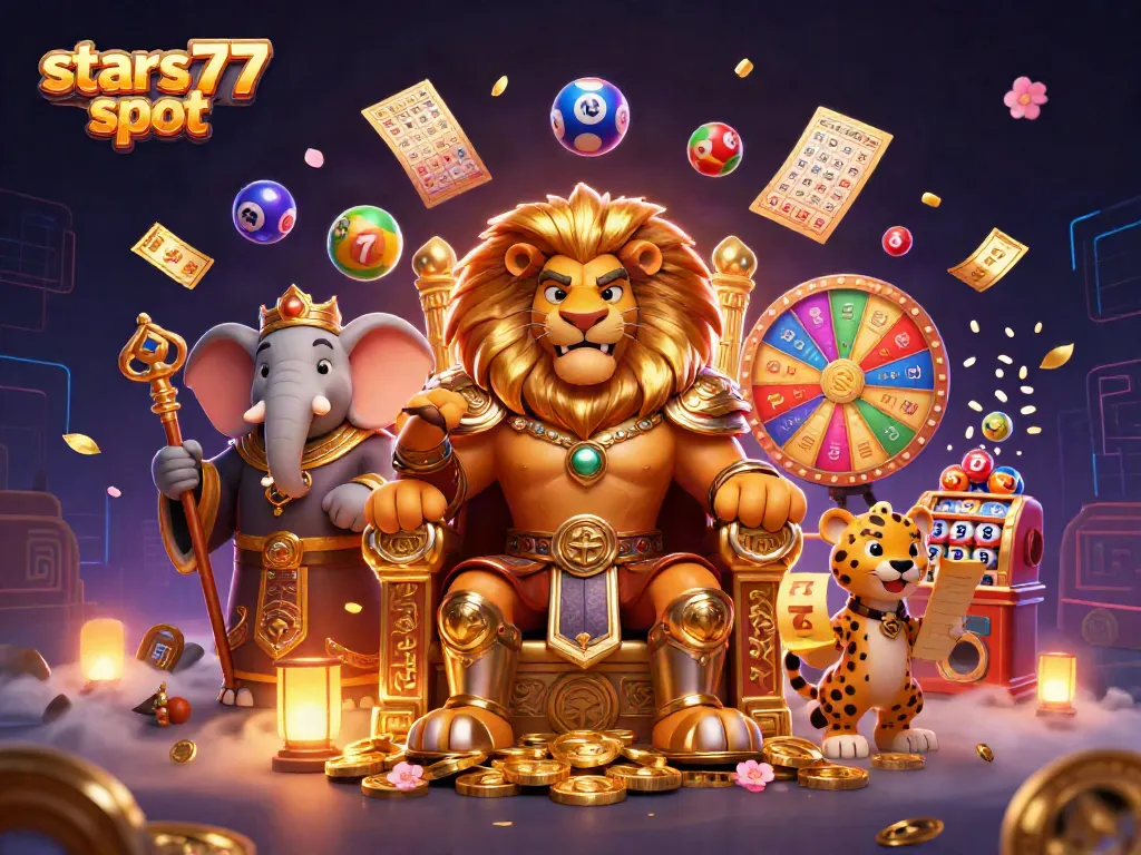 Menangkan permainan dengan stars77 slot yang dikelilingi oleh karakter mengesankan dan elemen kasino.