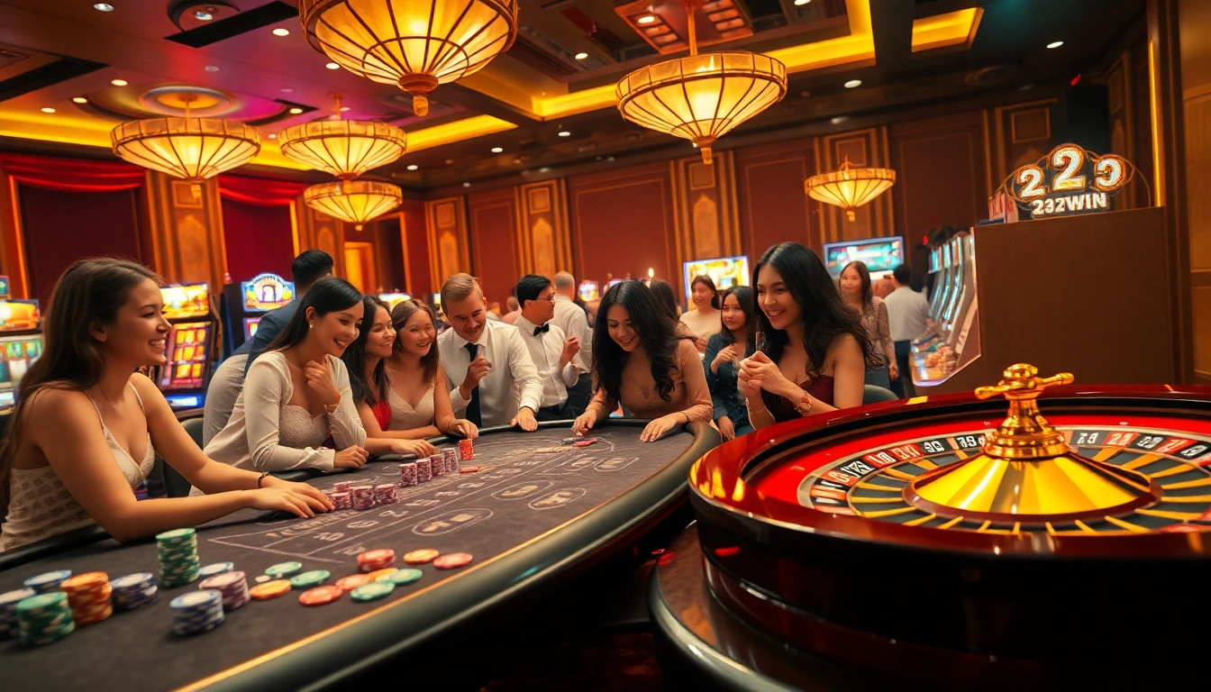 Exciting gambling action at 23win casino showcasing vibrant tables, slot machines, and thrilled players.