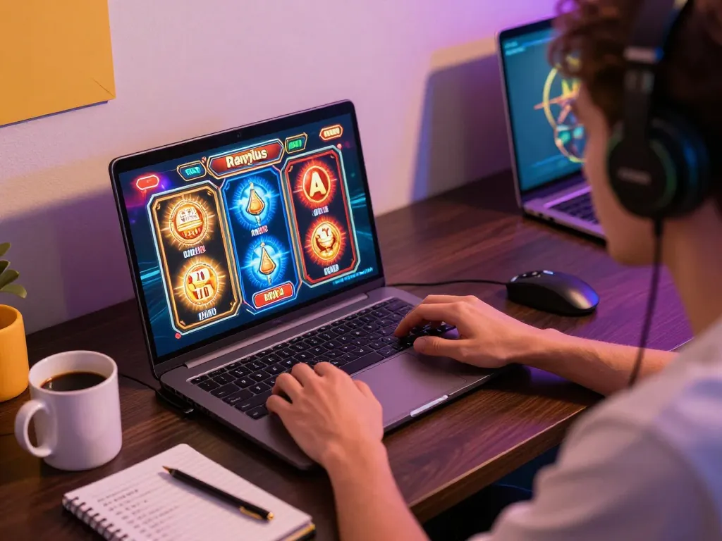 KP88 players enjoying thrilling online slots with vibrant graphics in an engaging gaming setup