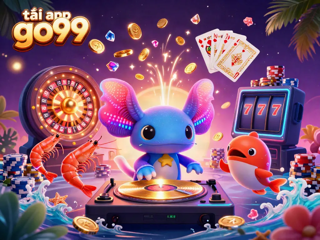 Experience an underwater party featuring axolotl DJ and vibrant characters celebrating in a casino theme while downloading tải app go99.