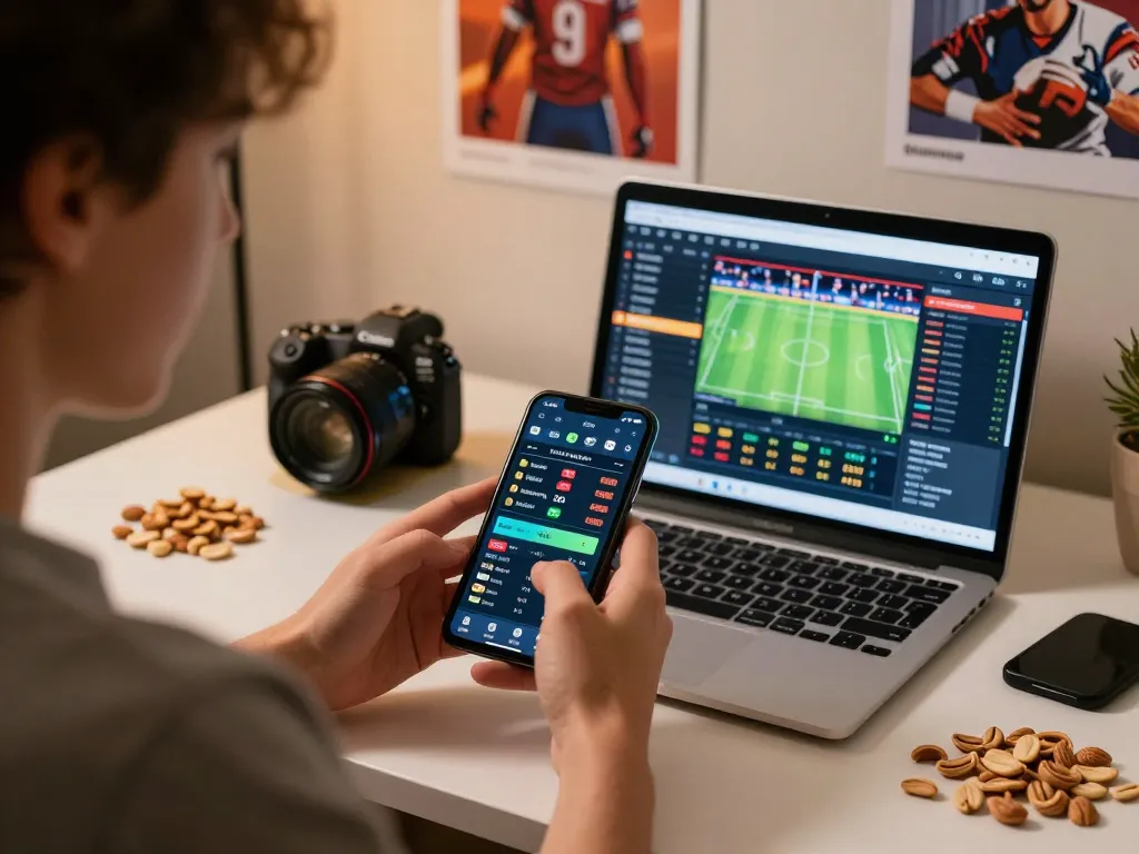 Engaging in live sports betting on 23win app with smartphone in stylish home office