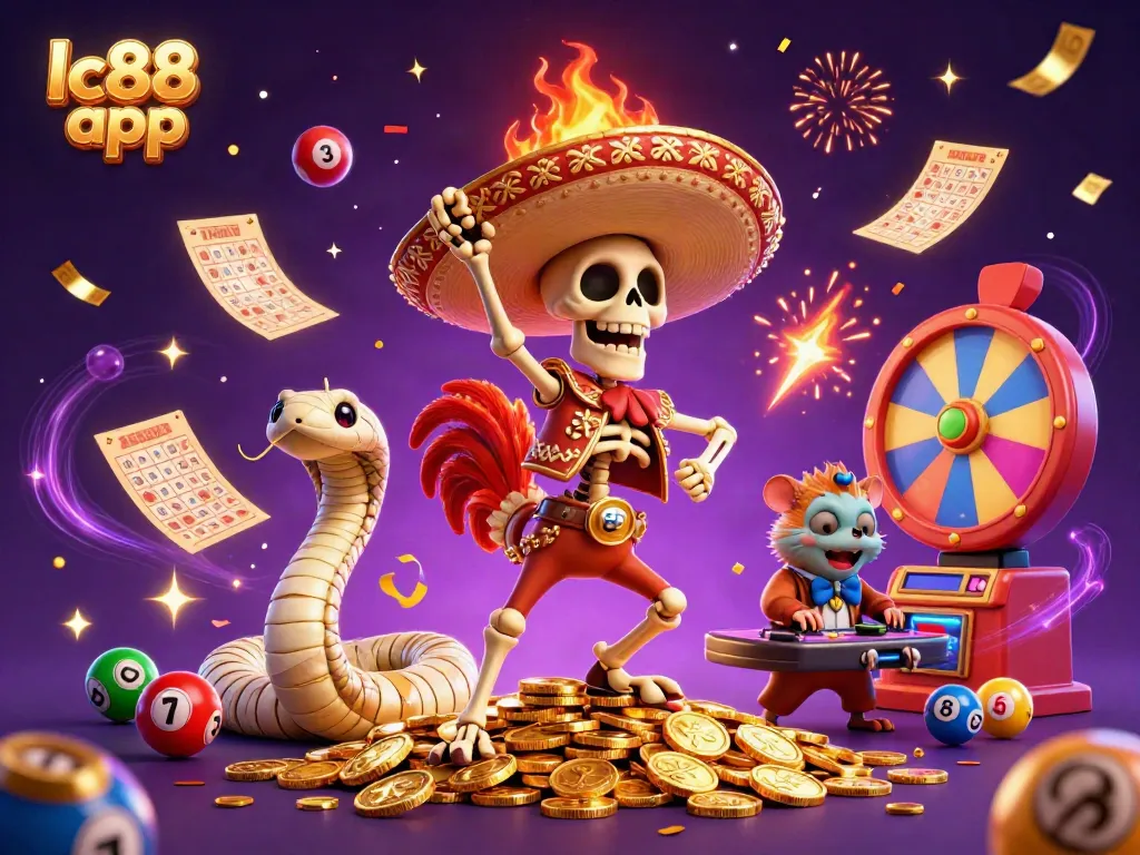 Experience the lc88 app joyfully with a dynamic casino scene featuring celebration, vibrant game elements, and colorful characters.
