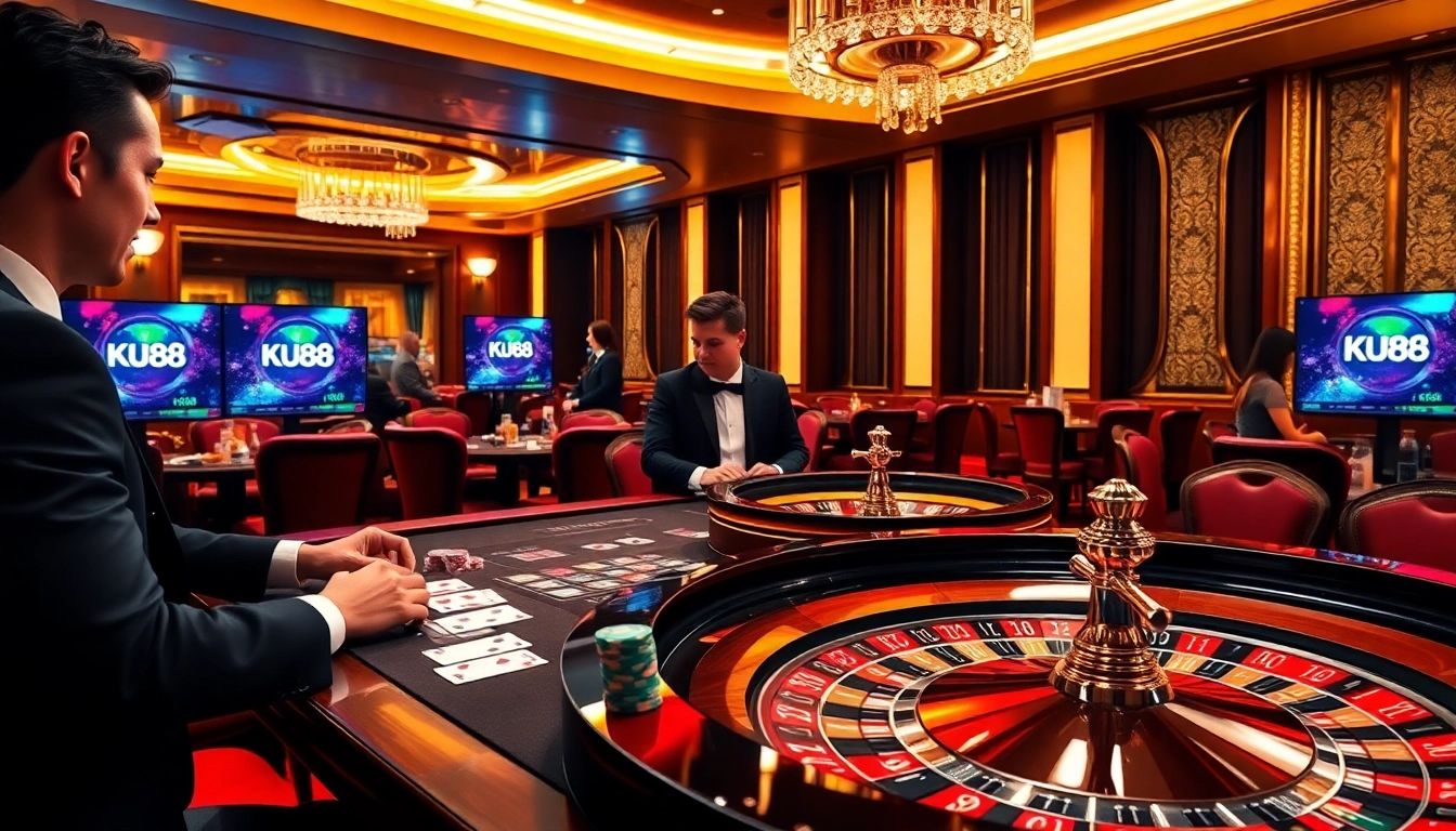 Experience the excitement of gambling at KU88 with vibrant casino tables and high-stakes action.