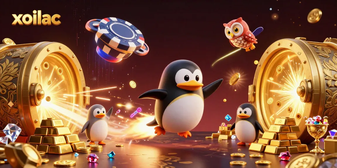Xoilac offers a thrilling casino experience with a vibrant 3D golden penguin amidst treasures.