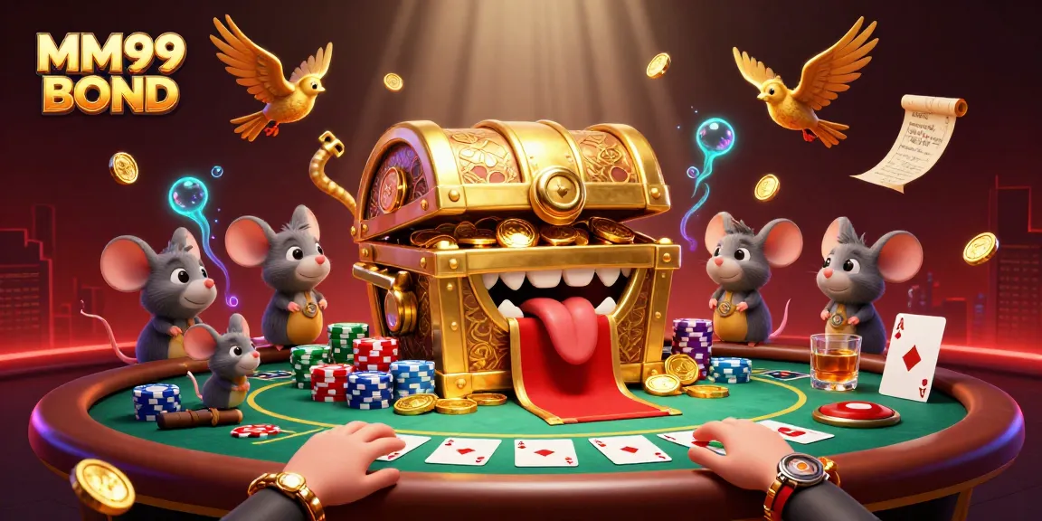 Experience the excitement of MM99 BOND as adventurer mice are lured to a golden treasure chest in a vibrant casino scene.