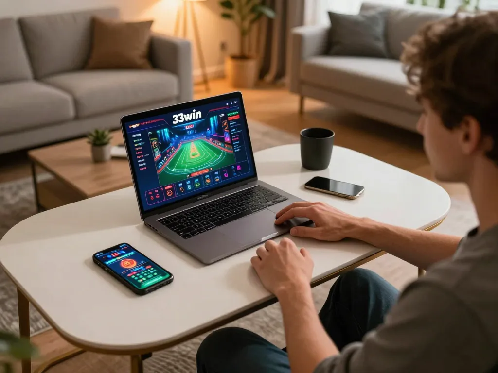 Engaging with 33win's online casino on a stylish gaming setup, showcasing strategic play and comfort.