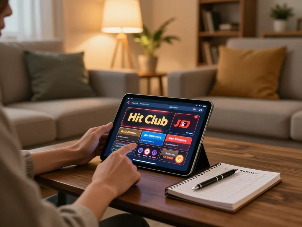 Engaging in online gaming at Hit club casino using a tablet, reflecting a cozy home setup