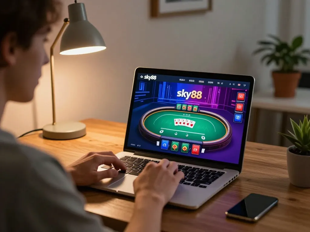 Sky88 user engaging in online poker gameplay with vibrant graphics and strategic focus.