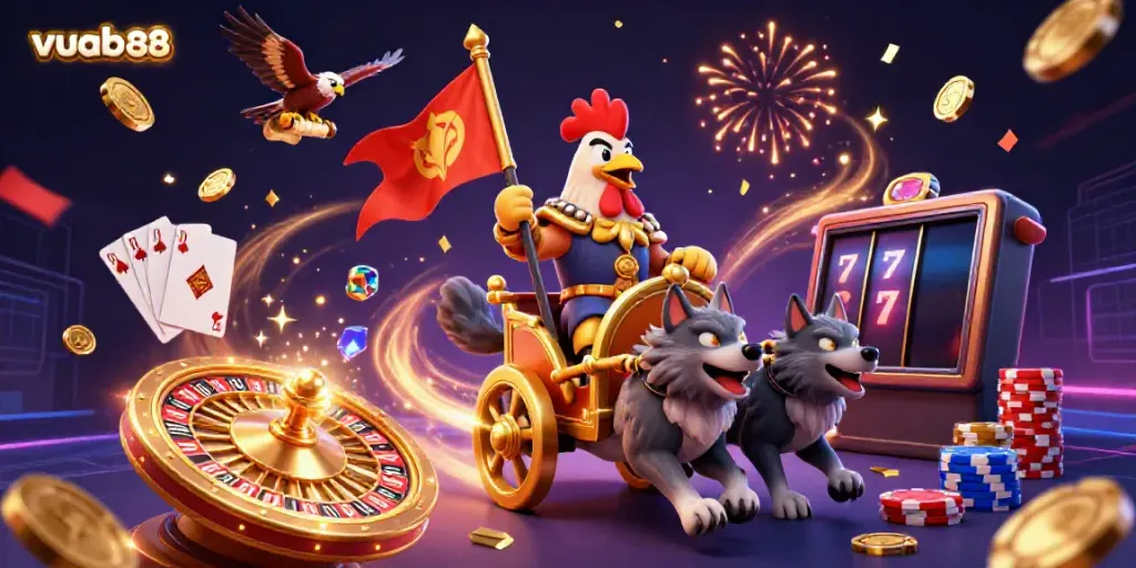 Experience thrilling gaming action with vuabet 88's vibrant illustration of a rooster warlord and festive casino elements.