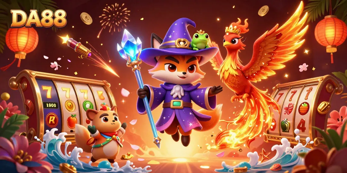 DA88 casino scene showcasing wizards and phoenixes among spinning slot reels, vibrant colors