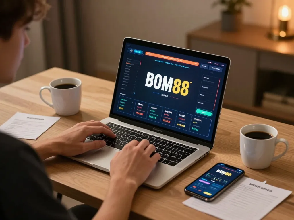 BOM88 player engaging in online gaming with strategic notes, laptop, and smartphone.