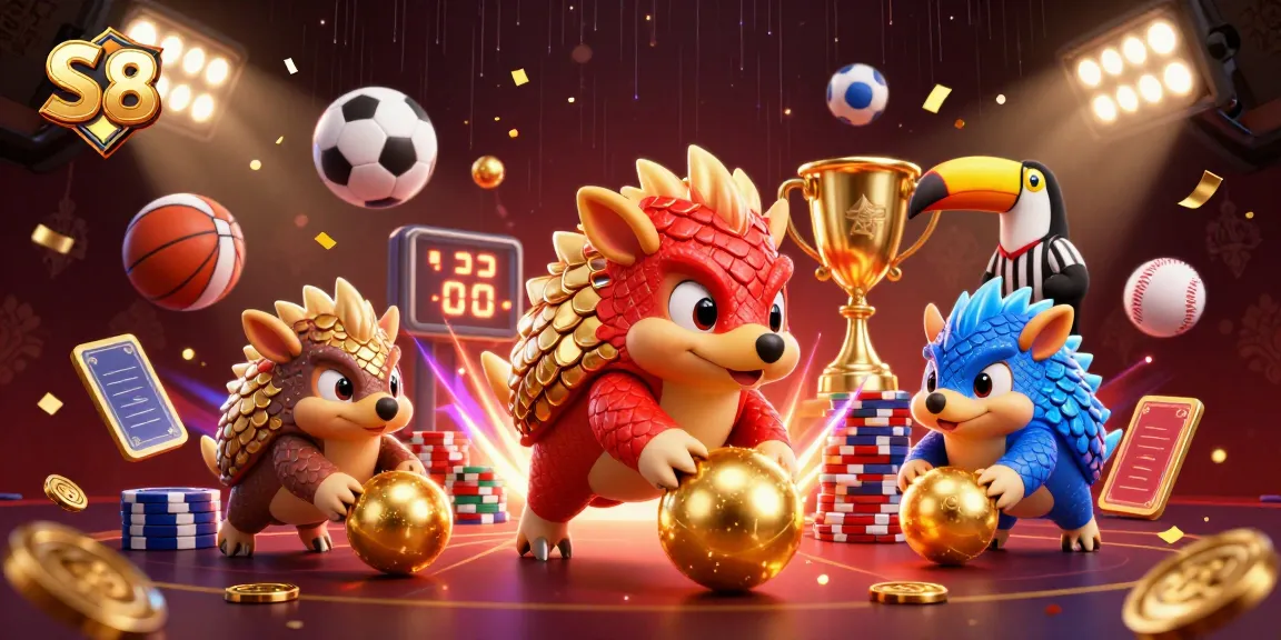 S 8: Rival pangolins bowling through casino chips in a dynamic sports betting setting