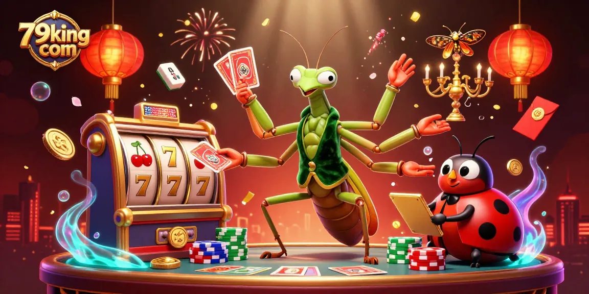 Engage in thrilling gameplay at 79king com with a vibrant casino scene featuring a giant praying mantis and ladybug!