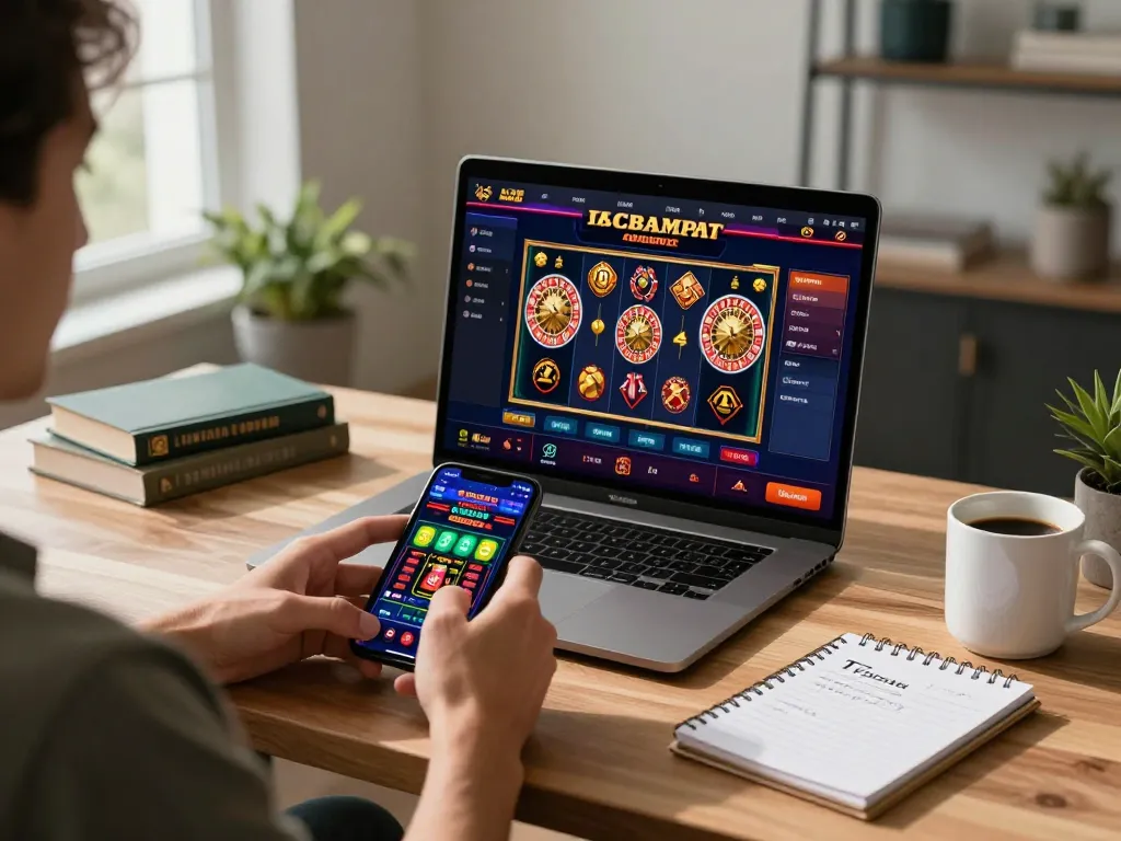 Engaging in mobile gaming on 789win8.casino with vibrant slot graphics and cozy home office setting.