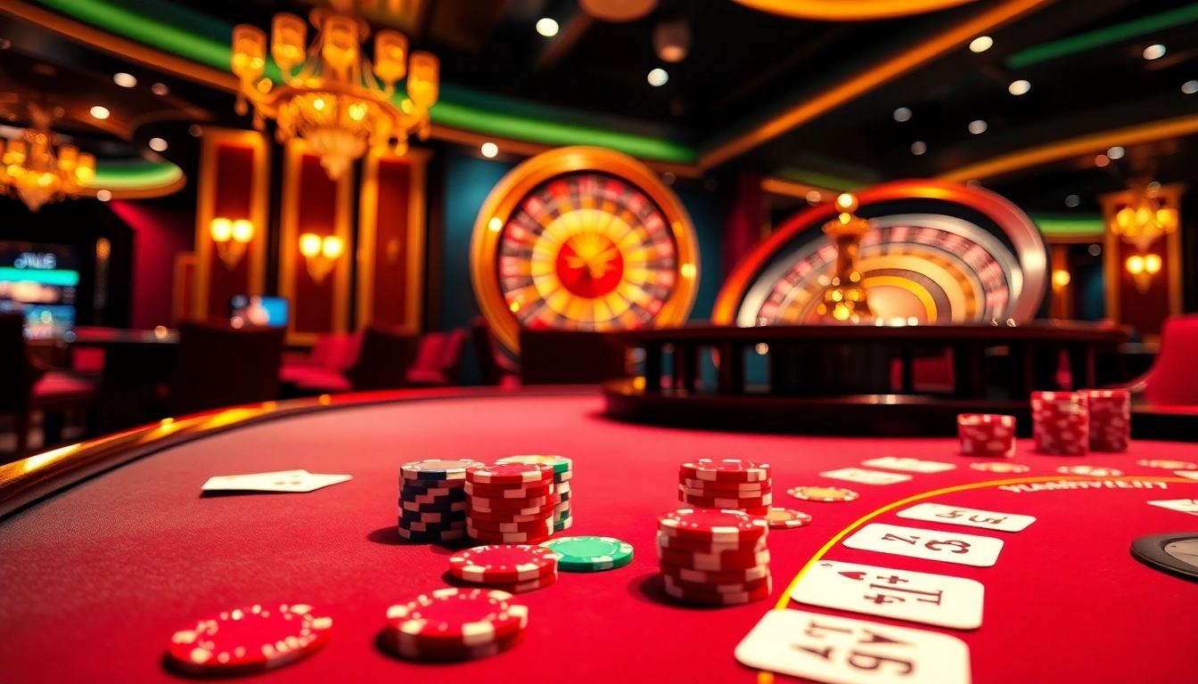 JL111 gaming excitement with colorful casino tables and vibrant roulette wheel.