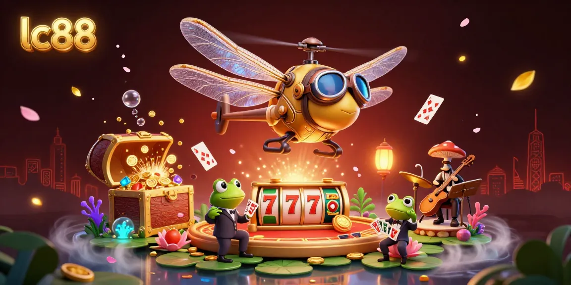 Experience the excitement of lc88 with vibrant 3D casino elements, featuring a dragonfly pilot and frog croupier.