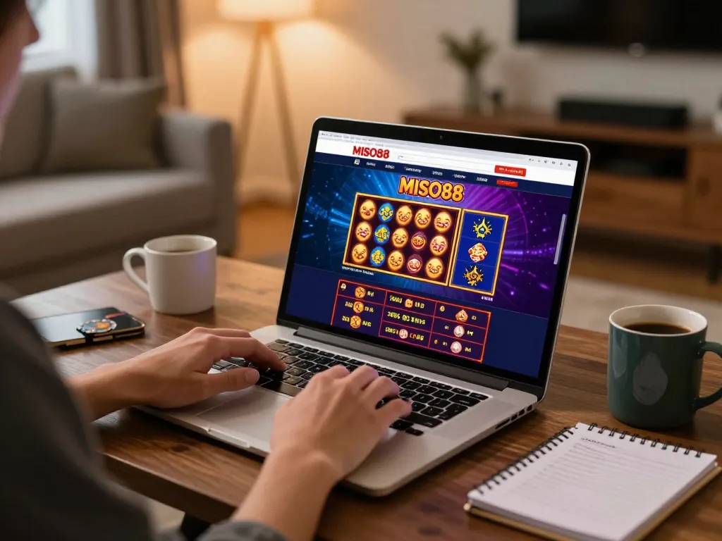 MISO88 user engaging with online casino interface, showcasing a cozy home gaming scene with strategy elements.