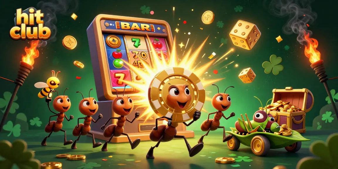 Hit club showcases a team of ants carrying a golden poker chip amidst a vivid casino heist.