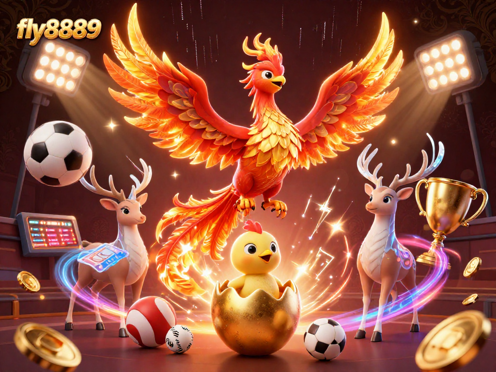 Experience the thrill of fly8889 with a vivid phoenix and sports elements enhancing casino excitement.