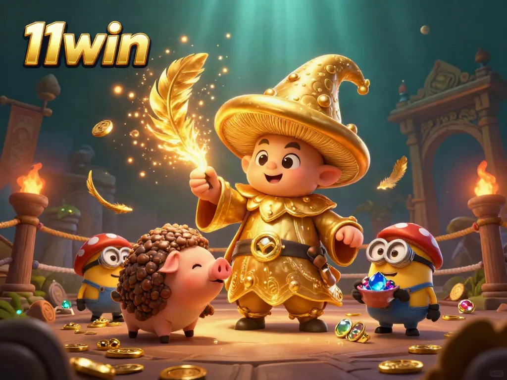 Experience thrilling magic and treasure with 11win’s vibrant casino-inspired illustration featuring enchanting characters.