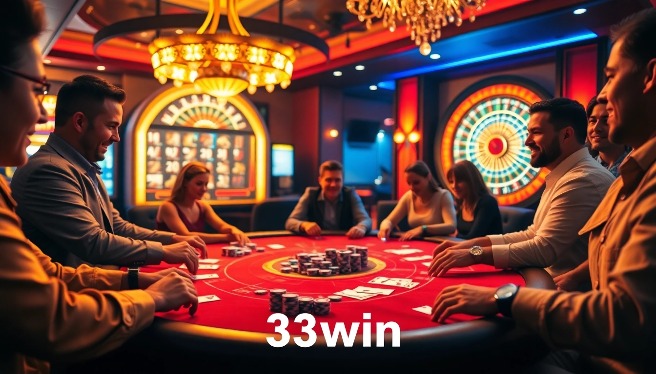 Excited gamblers placing bets at a high-stakes poker table in the luxurious 23win casino.