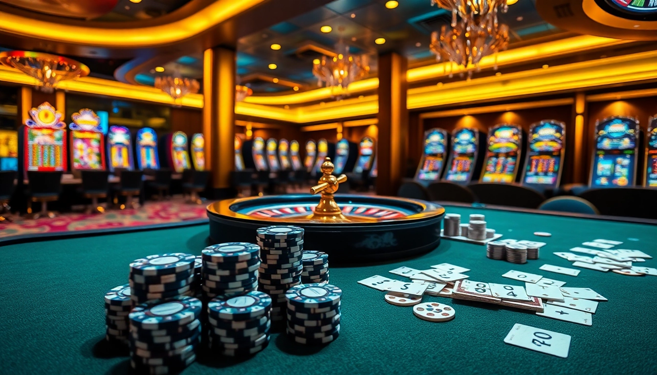 Nohu90 players engaging in an exciting casino experience with vibrant slot machines and poker tables.