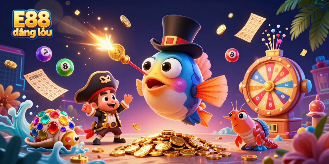 Catching excitement with E88 đăng nhập: a vibrant 3D scene of gaming and luck, filled with colorful elements.