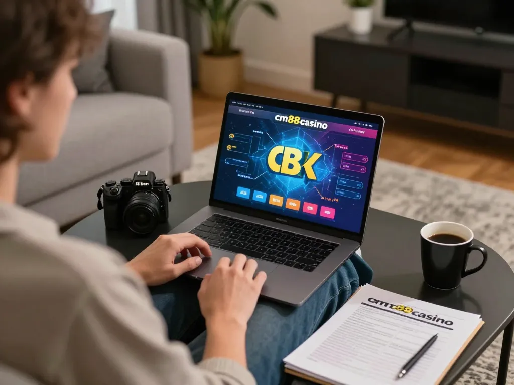 Engaging online gaming session at cm88casino on a modern laptop with cozy home elements