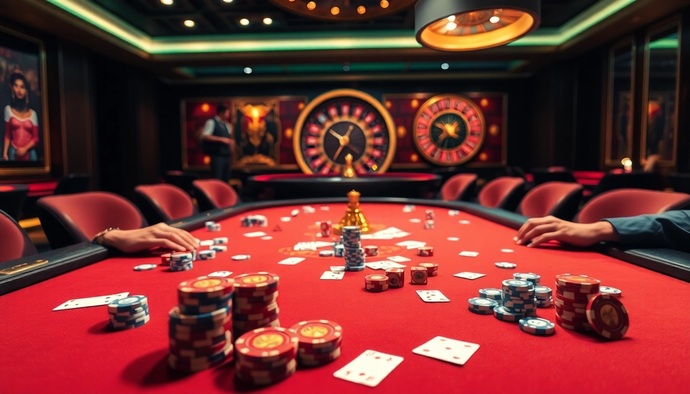 Engaged players at the 23win casino table, filled with cards and poker chips.