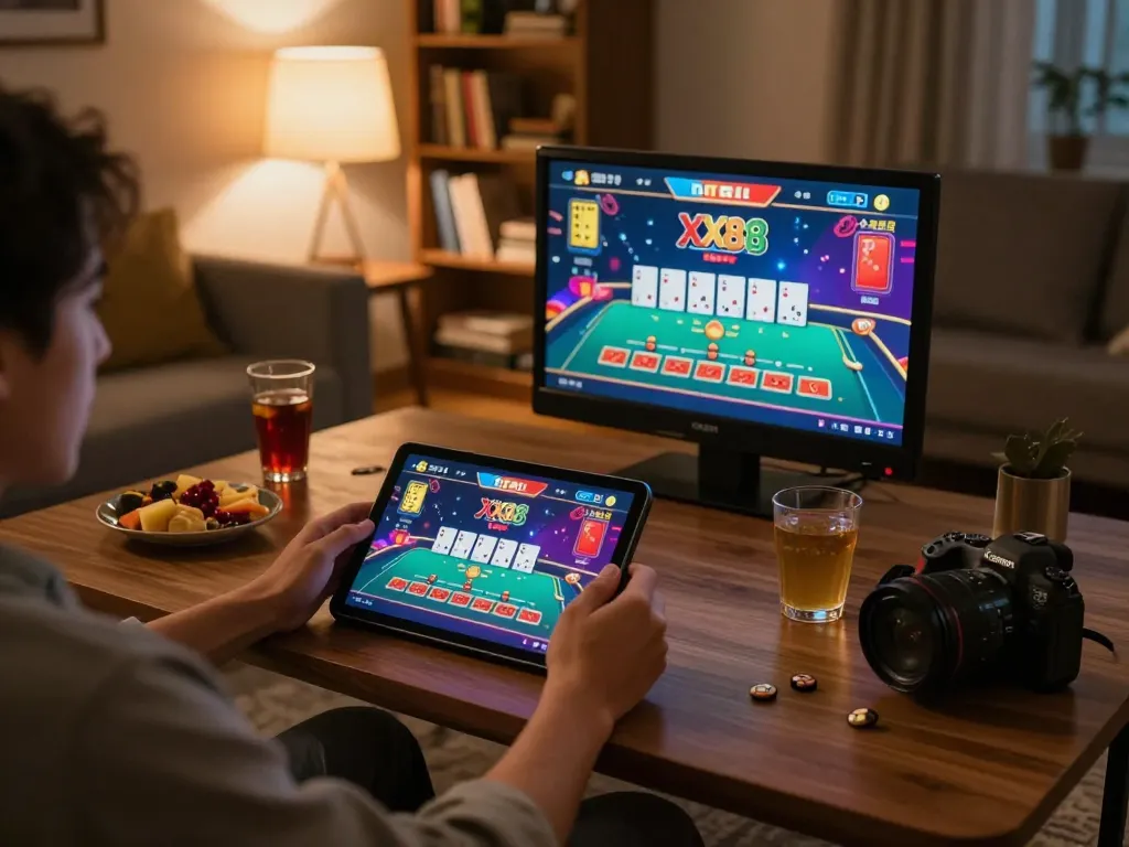 Engaging with the Trang Chủ XX88 through a tablet at home, highlighting the excitement of online gambling.
