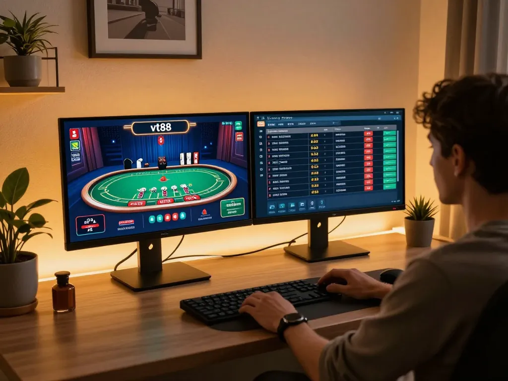 vt88 user engaging in online blackjack with dual monitors in a modern home office.