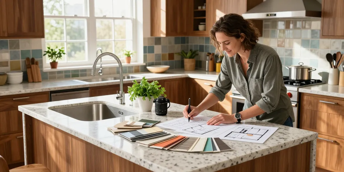 Custom kitchen countertops Hamilton showcased in a stylish modern kitchen with designer at work.