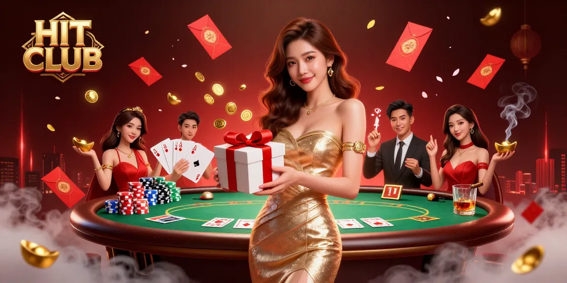 HIT CLUB showcases festive gambling excitement with a welcoming Asian woman, coins, and poker elements.
