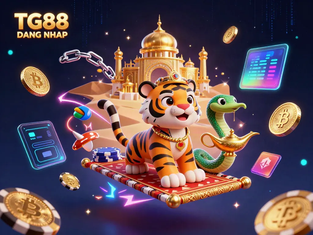 Play games with TG88 DANG NHAP, featuring a vibrant 3D casino scene full of colorful elements.