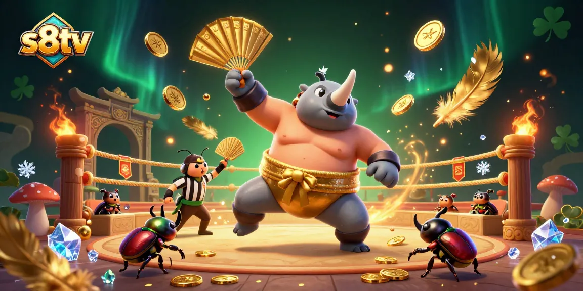 S8TV sports betting action illustrated with a dynamic rhinoceros beetle champion and cricket referee in a vibrant arena.