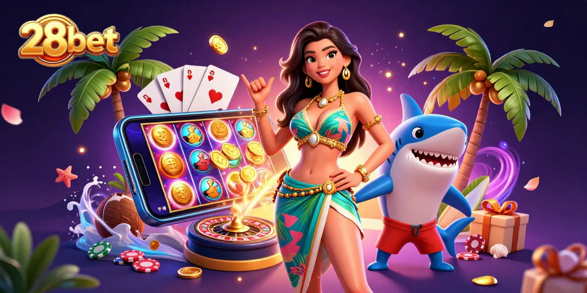 Play exciting games at 28bet casino, highlighted by dynamic 3D characters and vibrant gaming elements.