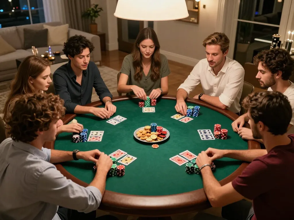 Friends enjoying a poker game at home while learning Jun88 đăng nhập strategies together, surrounded by snacks and drinks.