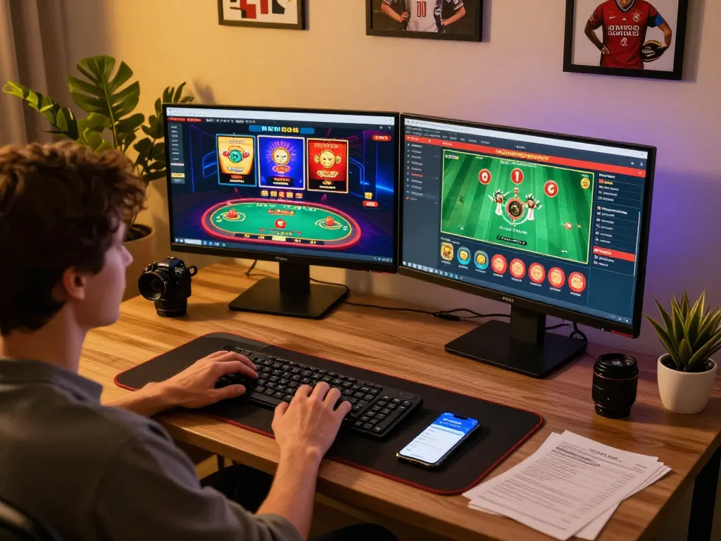 A captivating scene showing a player engaging with the trang chủ xx88 online gambling platform, featuring dual monitors and ambient lighting.