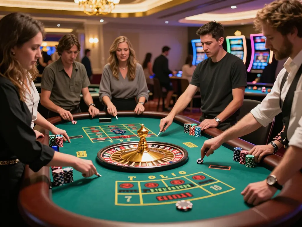 Players engaging in live roulette gameplay at an upscale casino, VK88 atmosphere highlighted by elegant decor and excitement