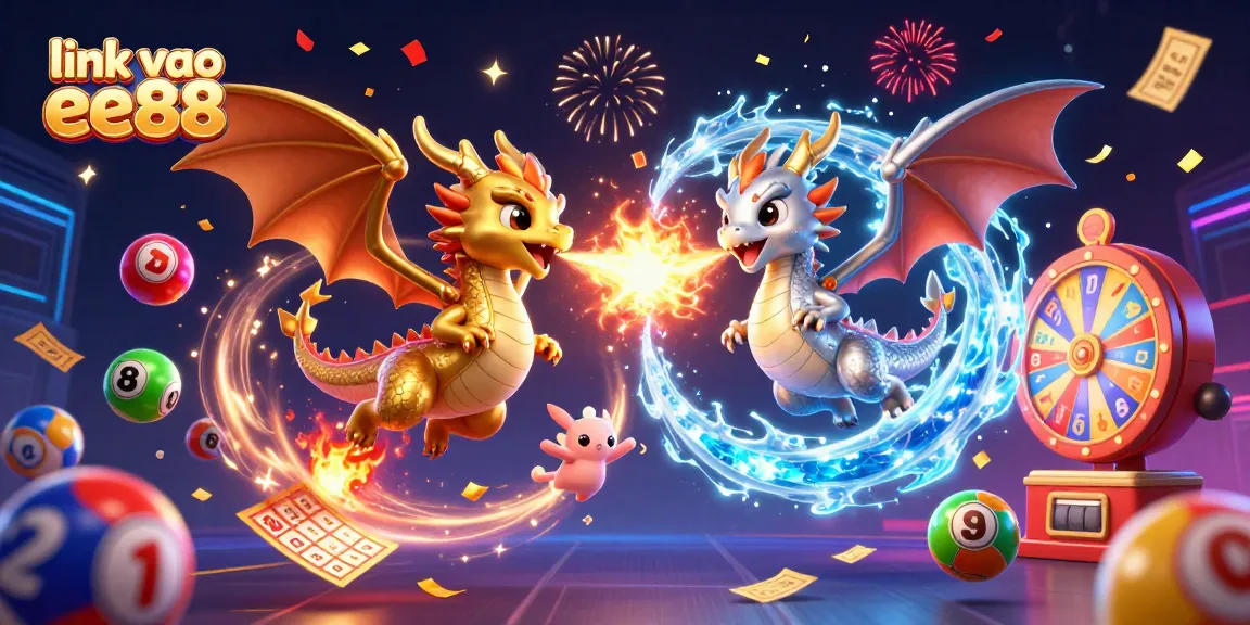 Engage with the captivating "link vao ee88" display featuring twin dragons amidst vibrant gambling elements.