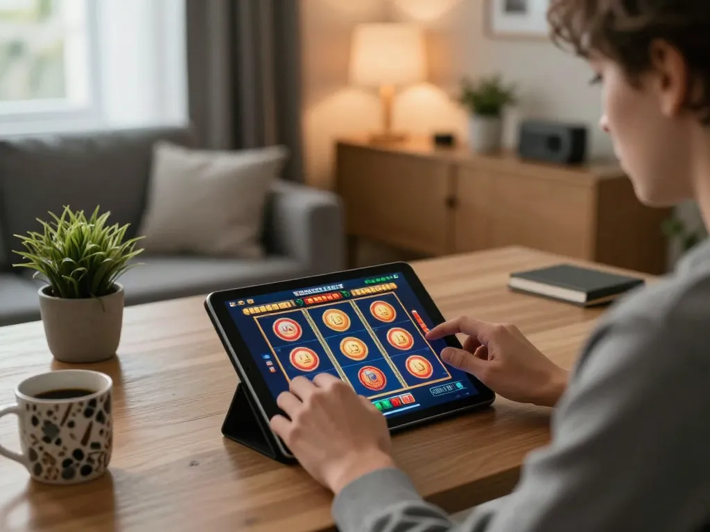 Engaging in HZ88 slot gaming on a tablet, showcasing vibrant wins in a cozy home office.