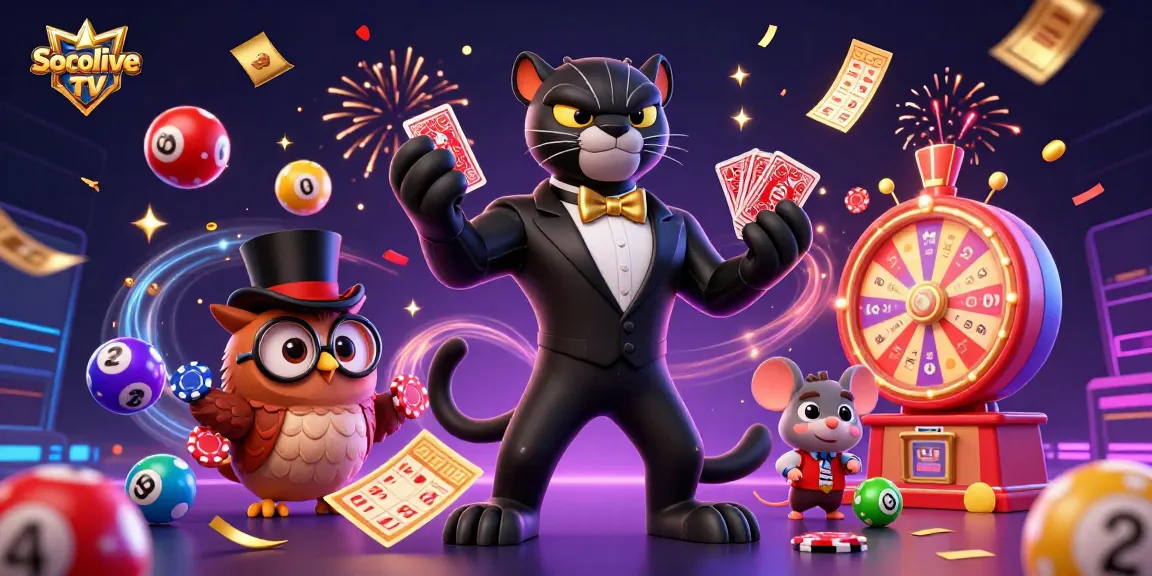 Experience the excitement of Socolive TV with a lively scene featuring card dealers, lottery elements, and vibrant gambling action.