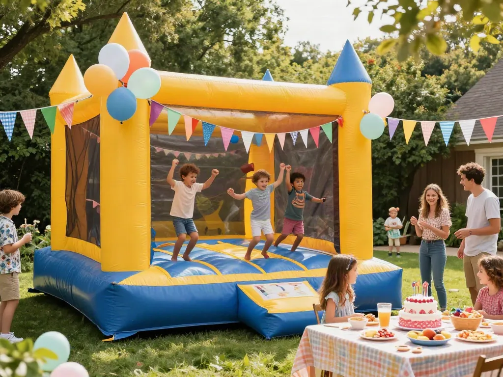 Children enjoying a lively party in a colorful bounce castle surrounded by festive decorations.