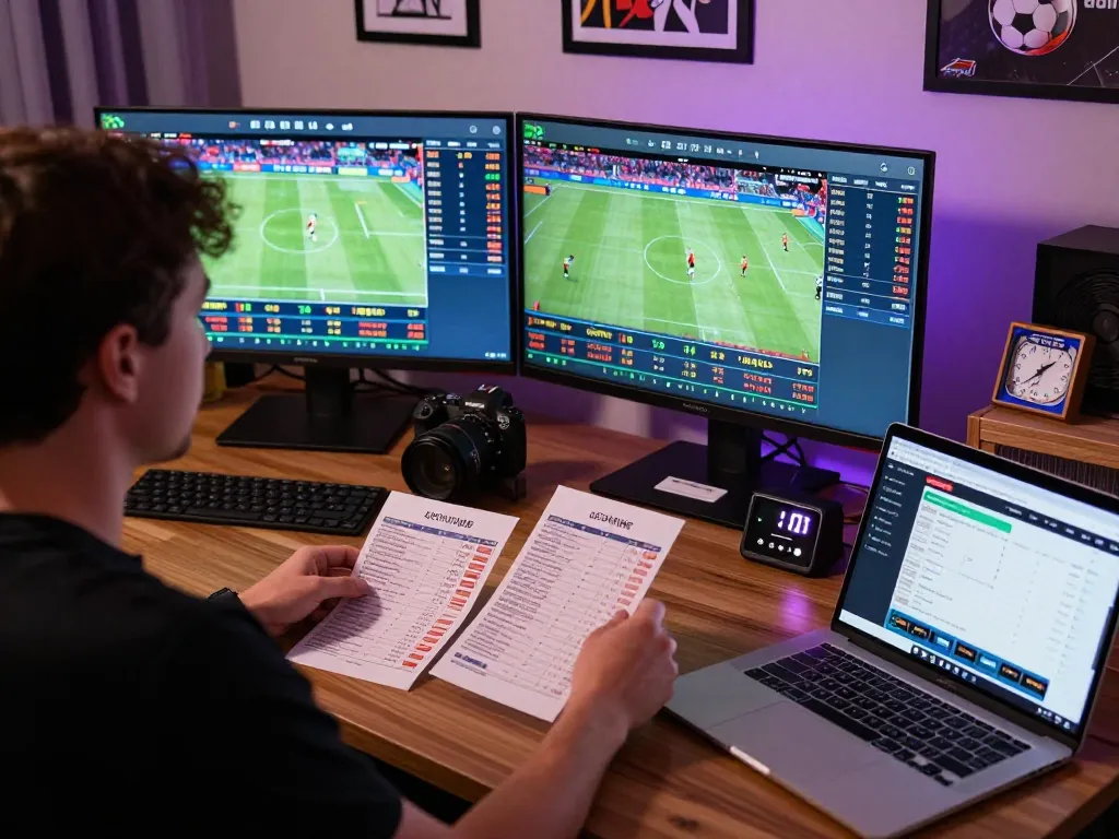Engaged person using FLY88 sportsbook app on multiple screens for real-time betting analysis.