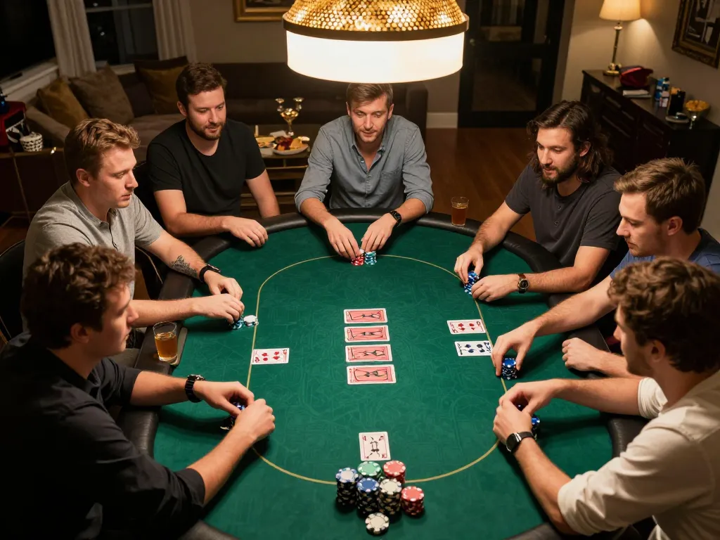 Engaging moment of Say88 đăng nhập poker game with players strategizing and showcasing their cards at a cozy home setting.