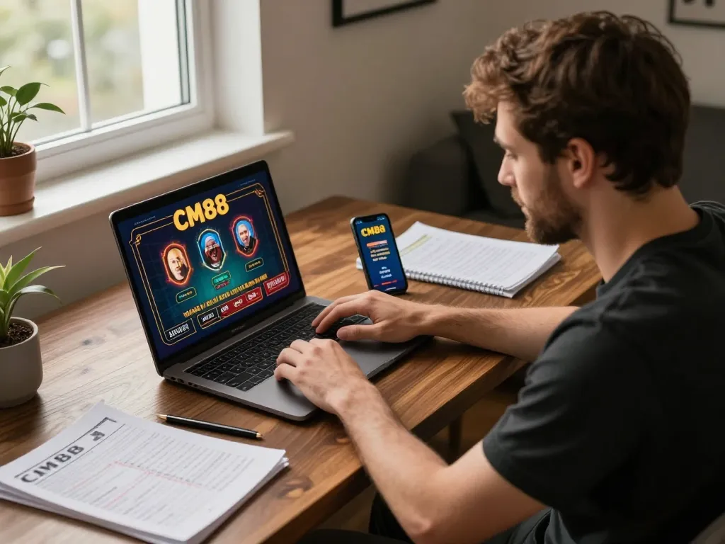 Player engaging with CM88 online casino games from a stylish home desk setup