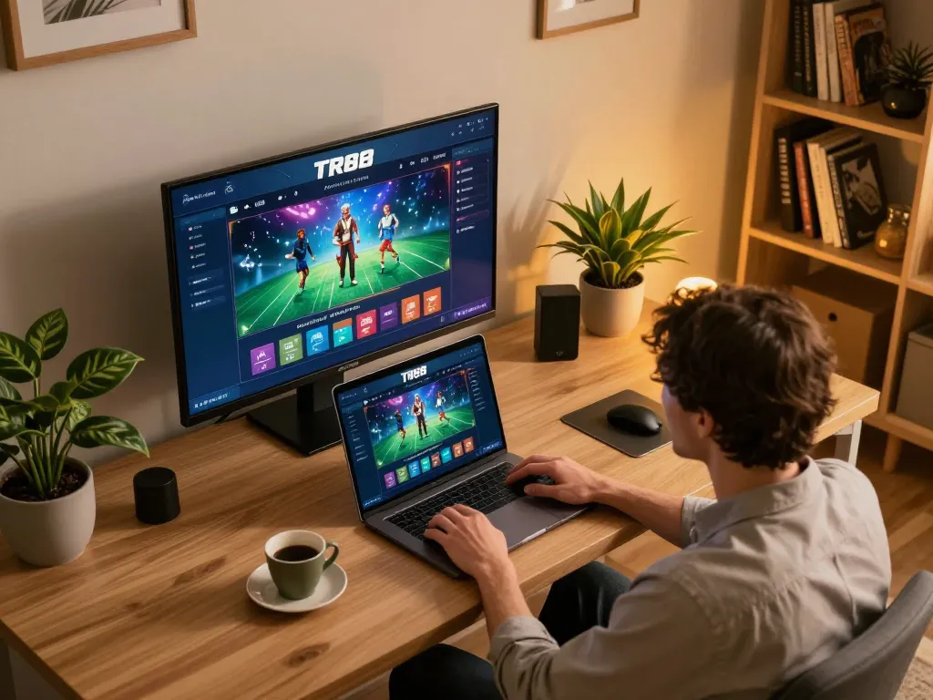 Engaging in online gaming on TR88 interface, showcasing a comfortable home setup